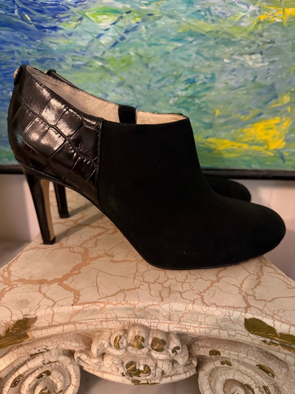 Michael Kors Black Suede & Croc-Embossed Heel Ankle Booties